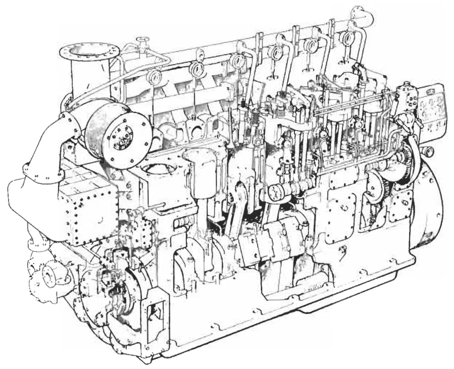 Line drawing of a six-cylinder medium-speed auxiliary engine