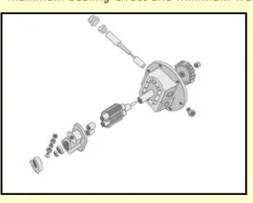 Exploded view of a piston assembly showing the crown, rings, gudgeon pin and associated parts