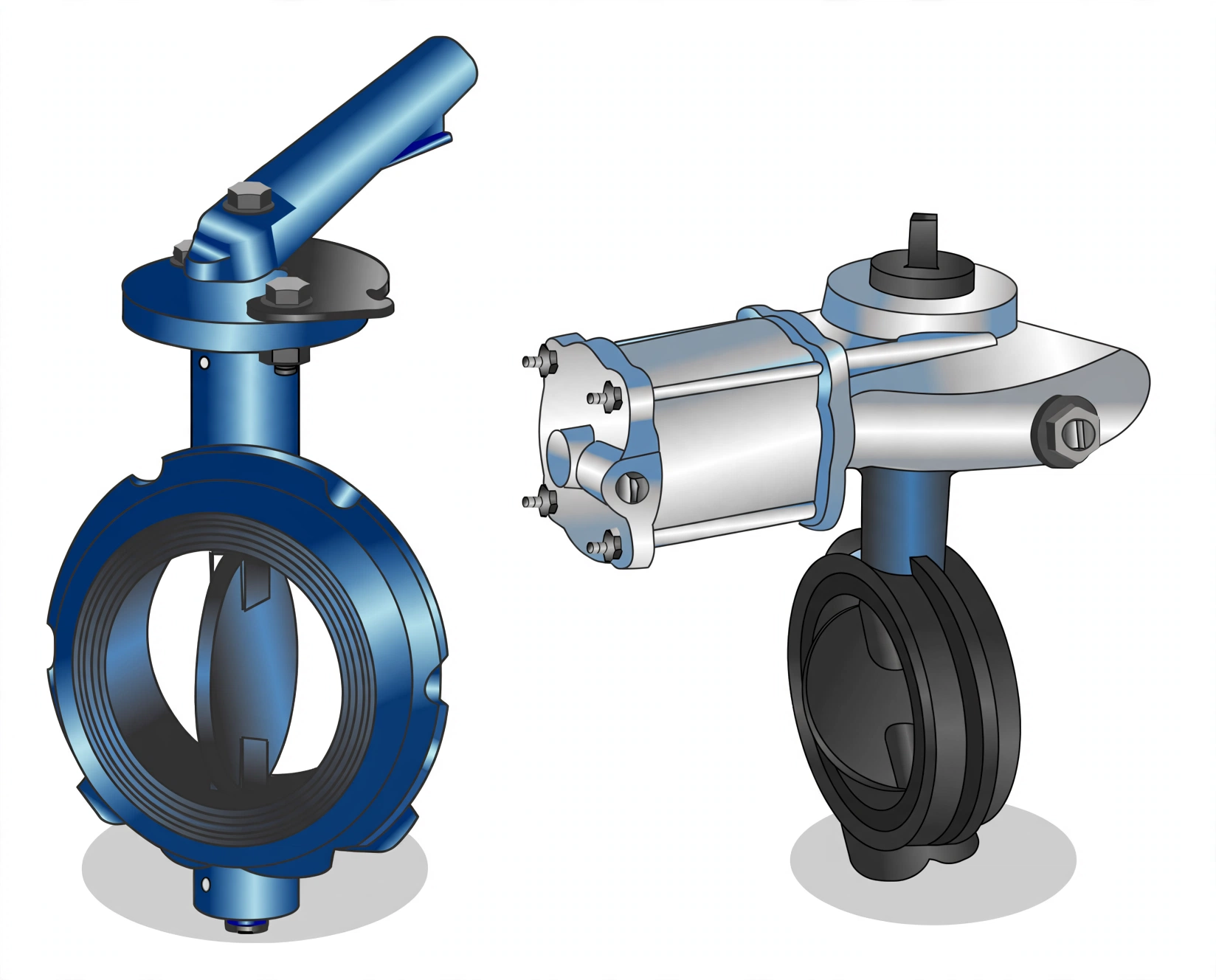 Manual lever and actuated butterfly valves side by side
