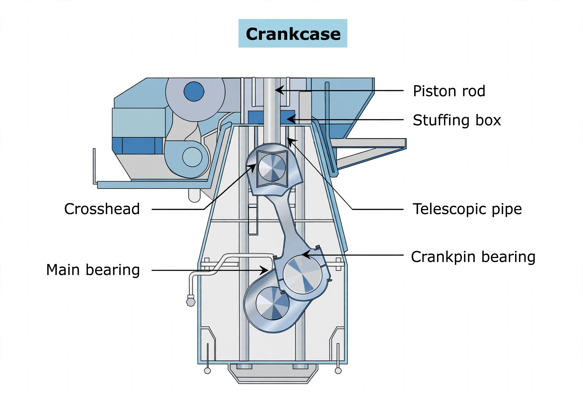 Crankcase running gear showing piston rod, stuffing box, crosshead, main and crankpin bearings
