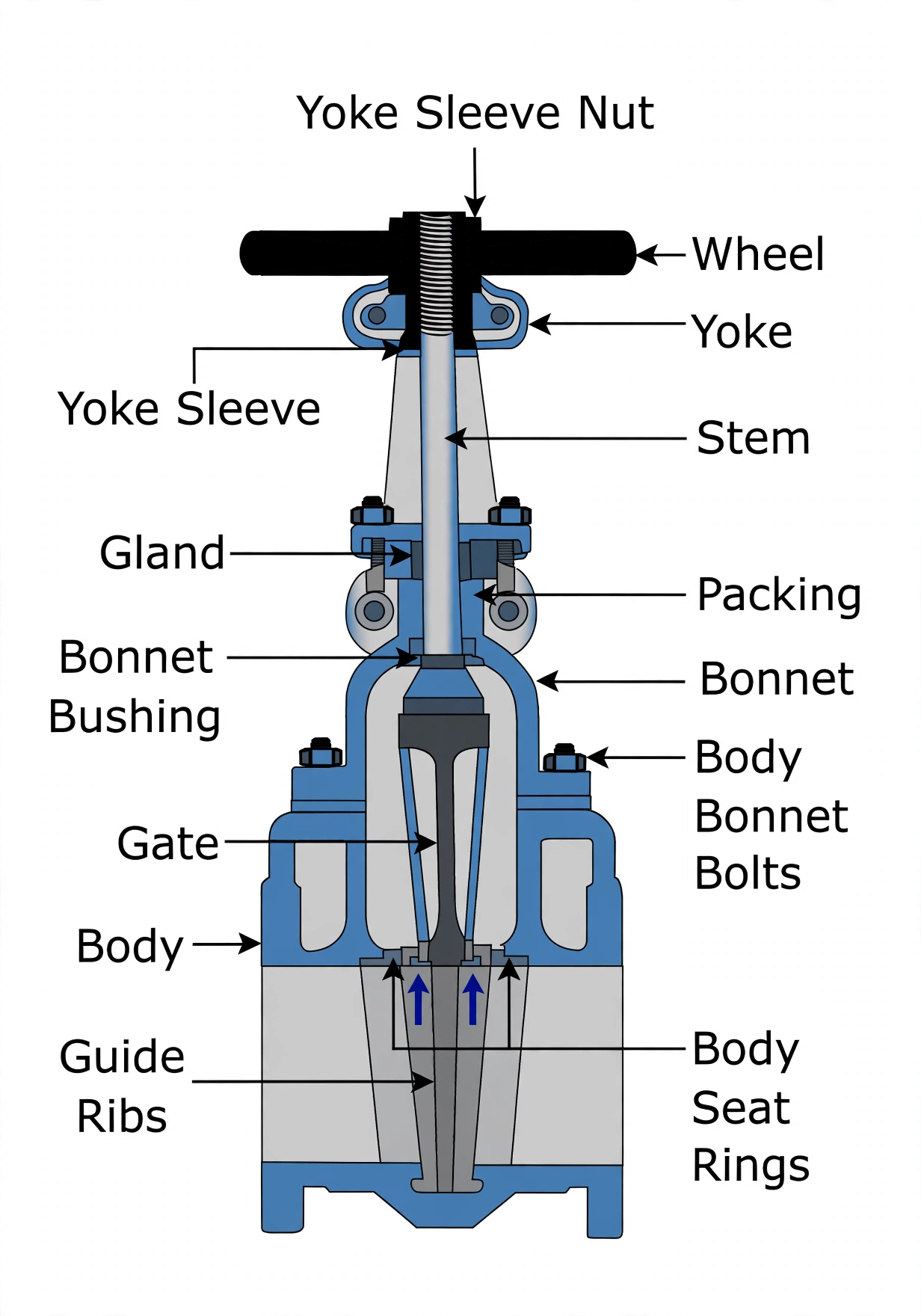 Gate valve section showing wheel, yoke, stem, gland, wedge gate, guides and seat rings