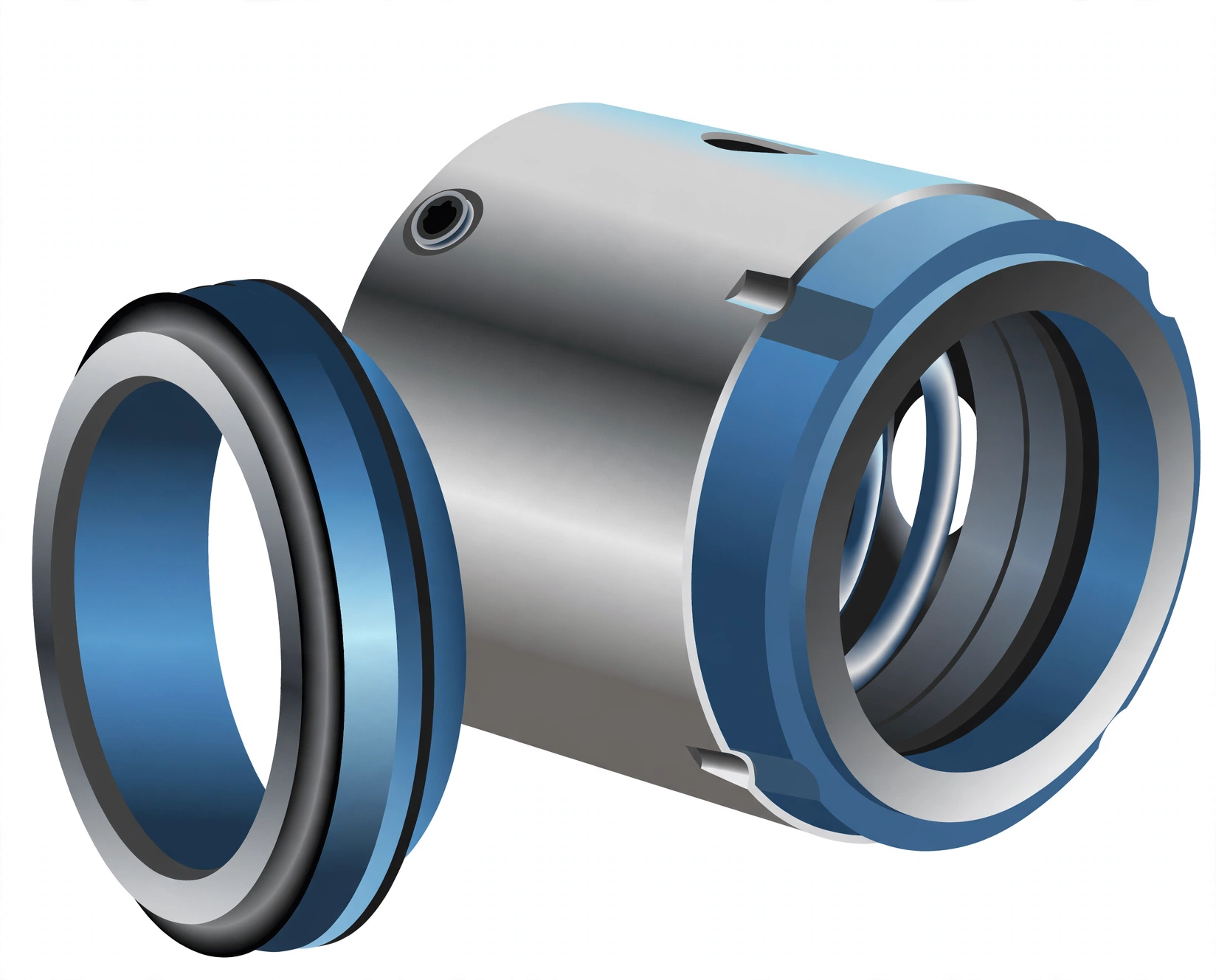 Three-dimensional view of a mechanical seal cartridge with seal ring and spring