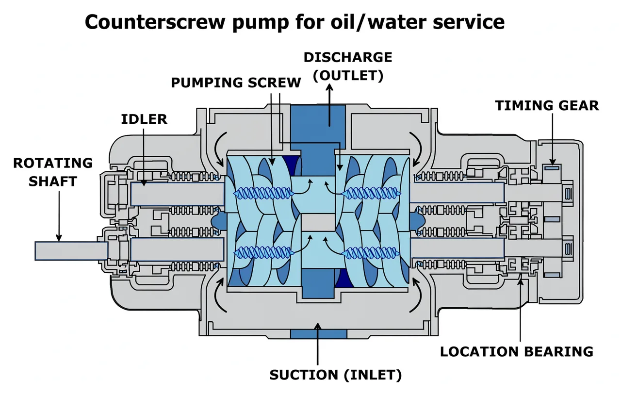Counterscrew pump section showing pumping screws, idler, timing gear, suction inlet and discharge outlet