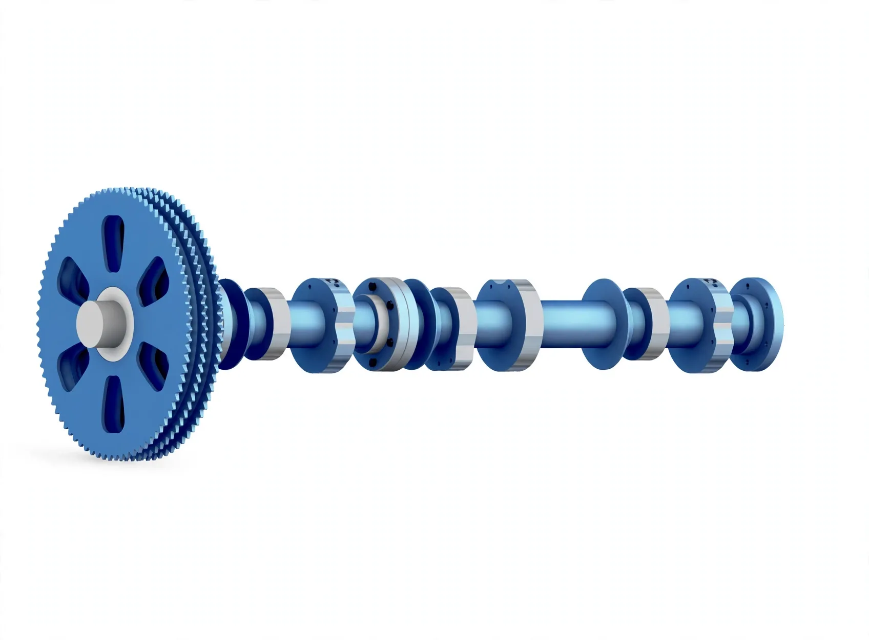 Camshaft with drive wheel and multiple fuel and exhaust cams along its sections