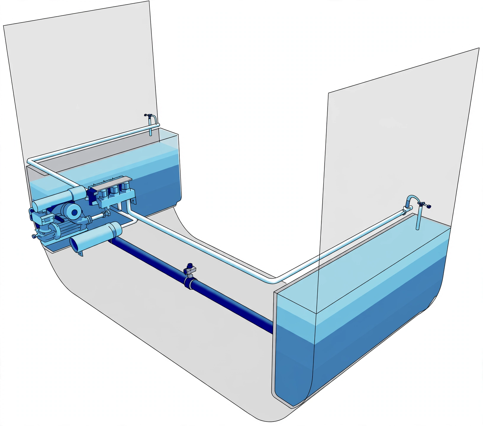 Anti-heeling tank arrangement showing port and starboard ballast tanks and transfer duct