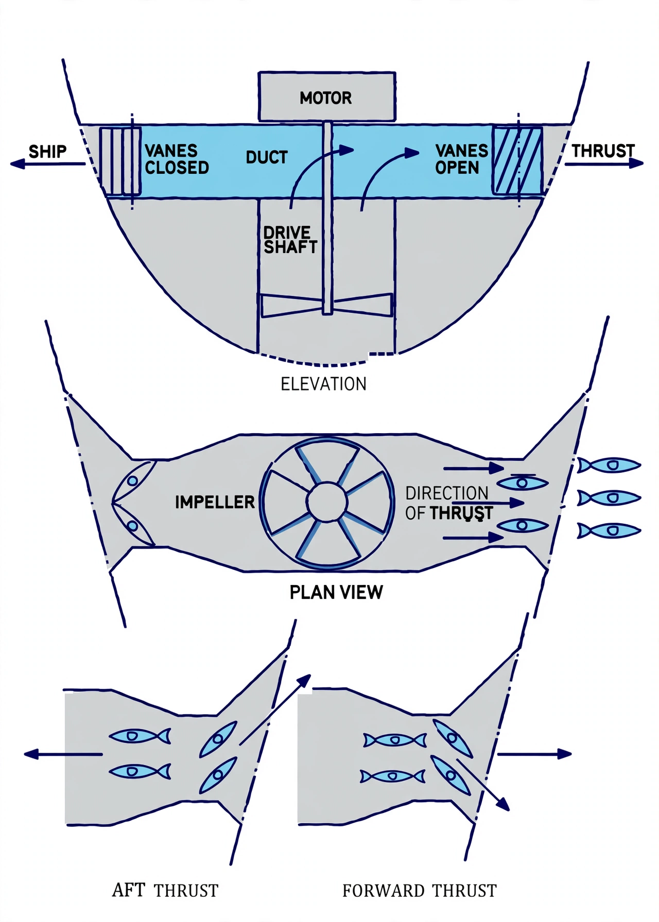 Bow thruster construction showing transverse tunnel, impeller and drive arrangement