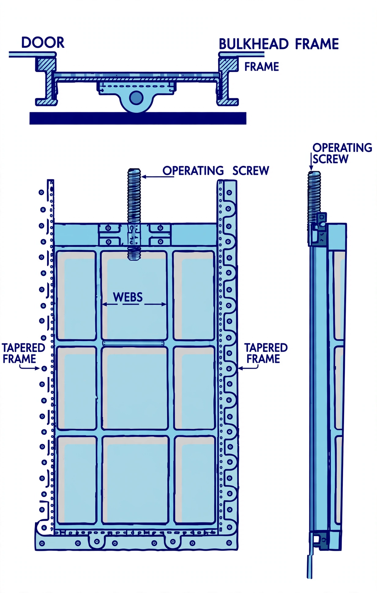 Vertical sliding watertight door with screw spindle extension to the bulkhead deck
