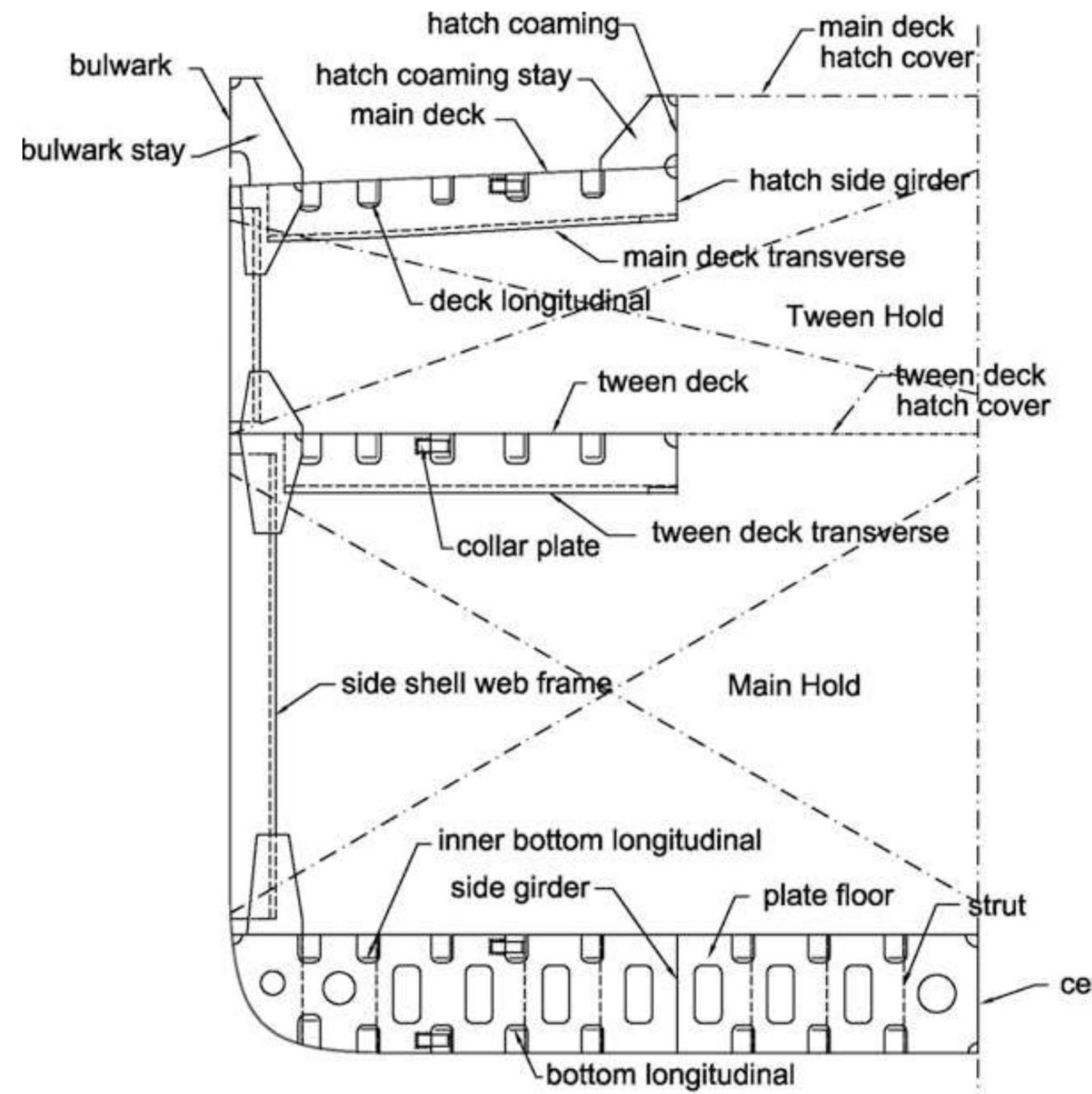 Midship section of a general cargo carrier, through the deck transverse