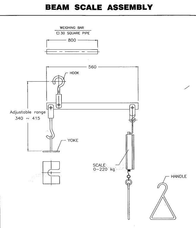 Beam-scale rig with bar, hook, yoke and scale