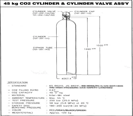 45 kg CO2 cylinder spec with siphon tube, valve and pressures
