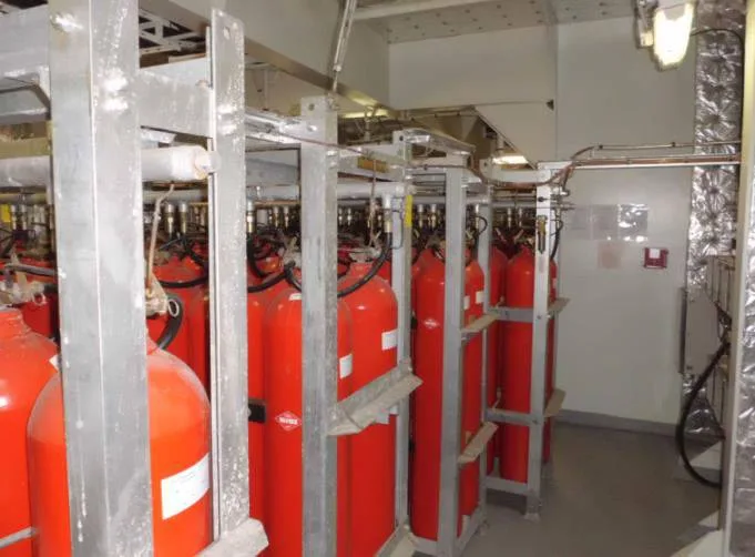 CO2 bottle room with banked cylinders and pipework