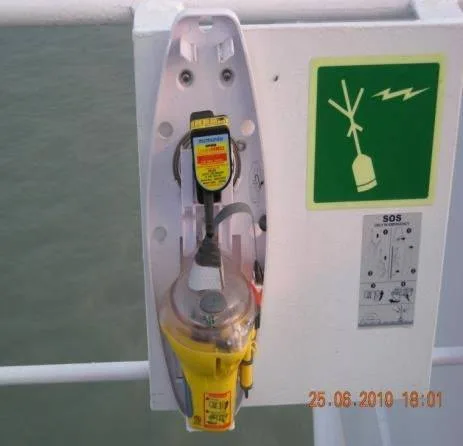 EPIRB in quick-release bracket with IMO sign