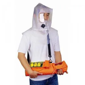 Emergency escape hood being worn with its stowage pouch