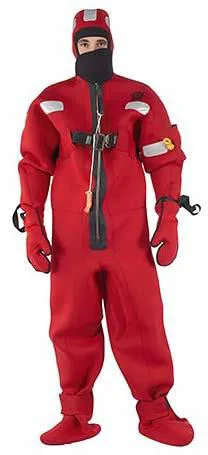 Red immersion suit with hood, gloves, zip and retro-reflective tapes