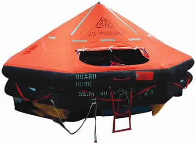 Inflated 25-person SOLAS liferaft with canopy and boarding ladder