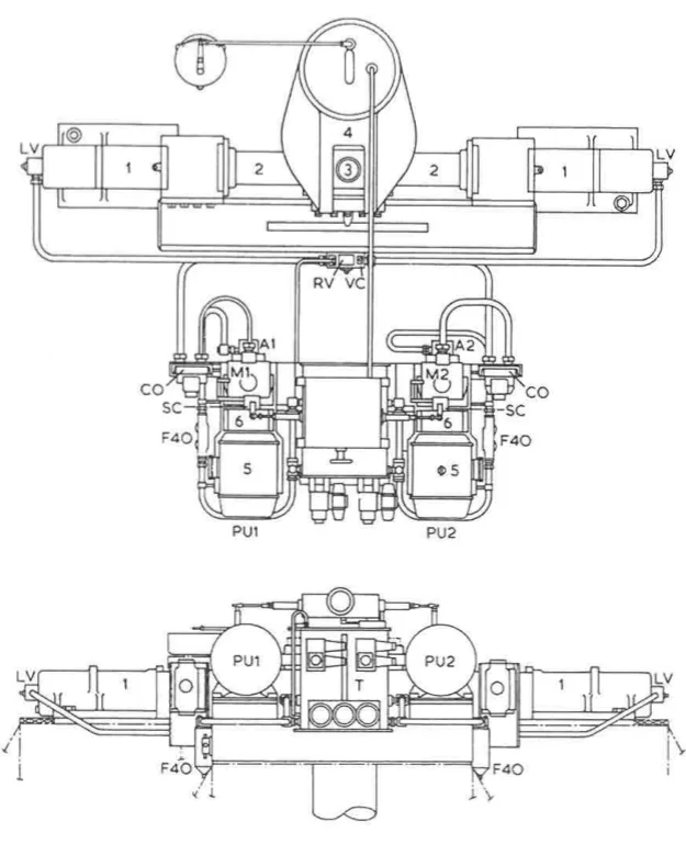 A two-ram electro-hydraulic steering gear, showing the two cylinders, the rams, the tiller and the power units